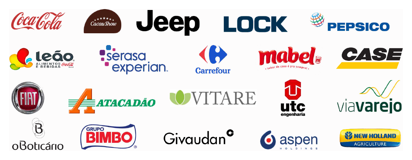 Clientes e parceiros: Coca-Cola, Cacau Show, Jeep, Lock, PepsiCo, Leão, Serasa Experian, Carrefour, Mabel, Case, Fiat, Atacadão, Vitare, UTC Engenharia, Via Varejo, O Boticário, Grupo Bimbo, Givaudan, Aspen, New Holland