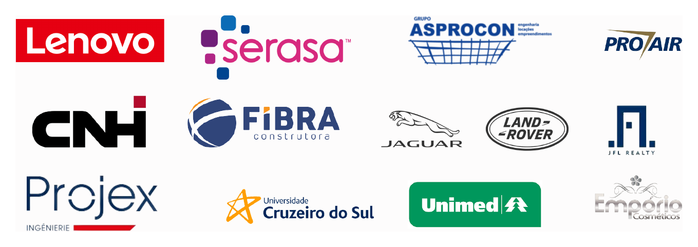 Clientes e parceiros: Lenovo, Serasa, Asprocon, Pro-Air, CNH, Fibra Construtora, Jaguar, Land Rover, JFL Realty, Projex, Universidade Cruzeiro do Sul, Unimed, Empório Cosméticos